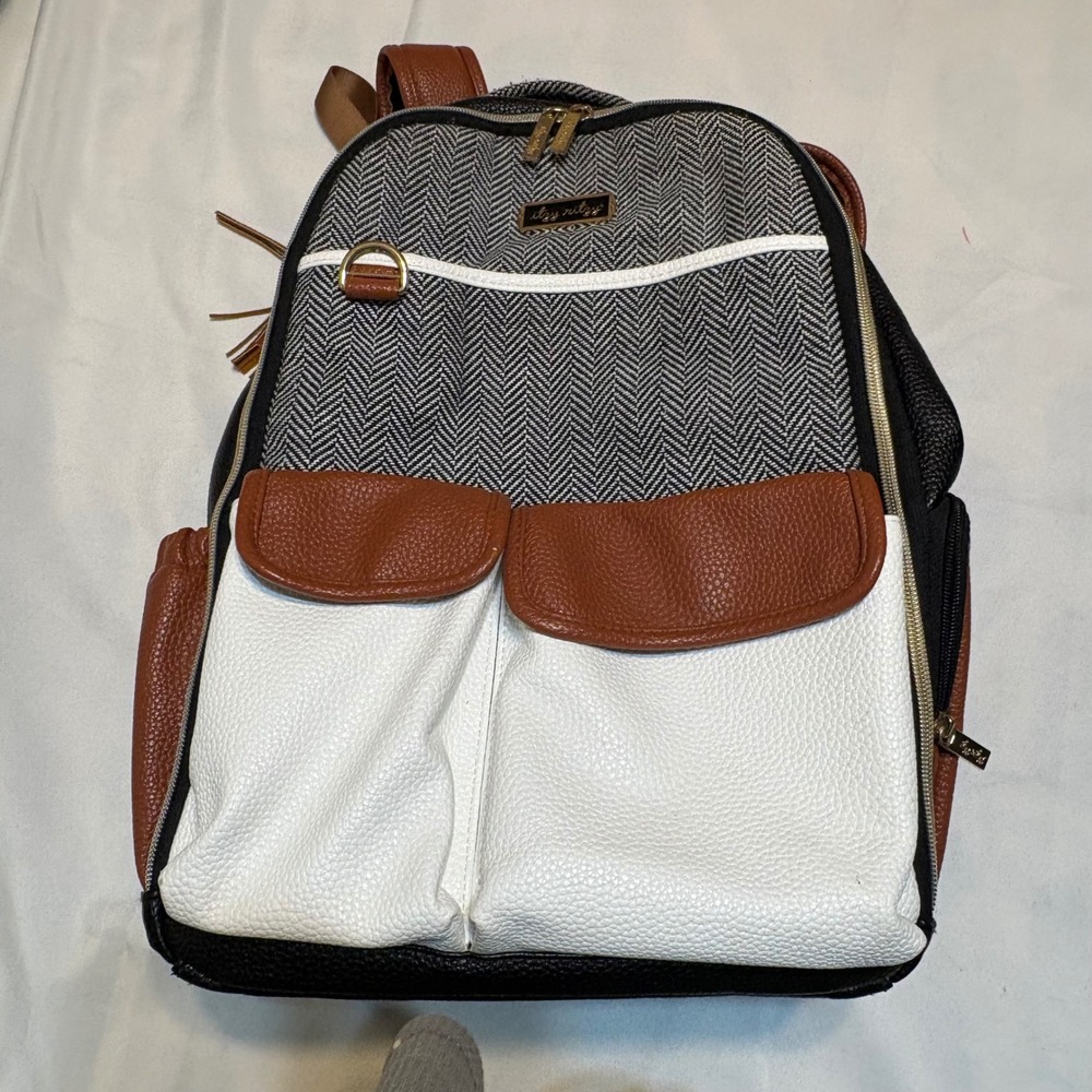 Itzy Ritzy Boss Backpack Diaper Bag Coffee and Cream Herringbone Vegan Leather